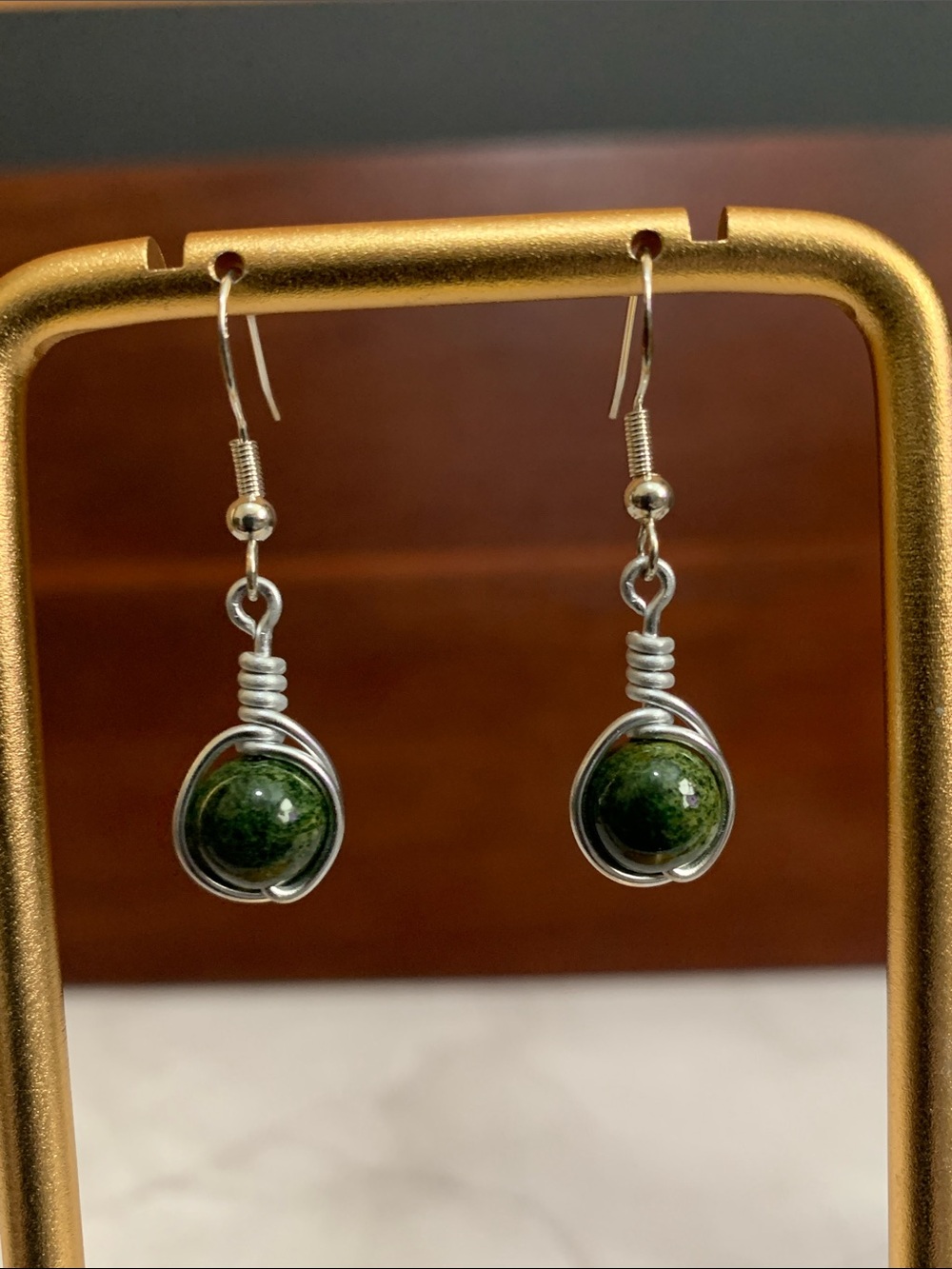Handmade wire wrapped green quartzite bead earrings